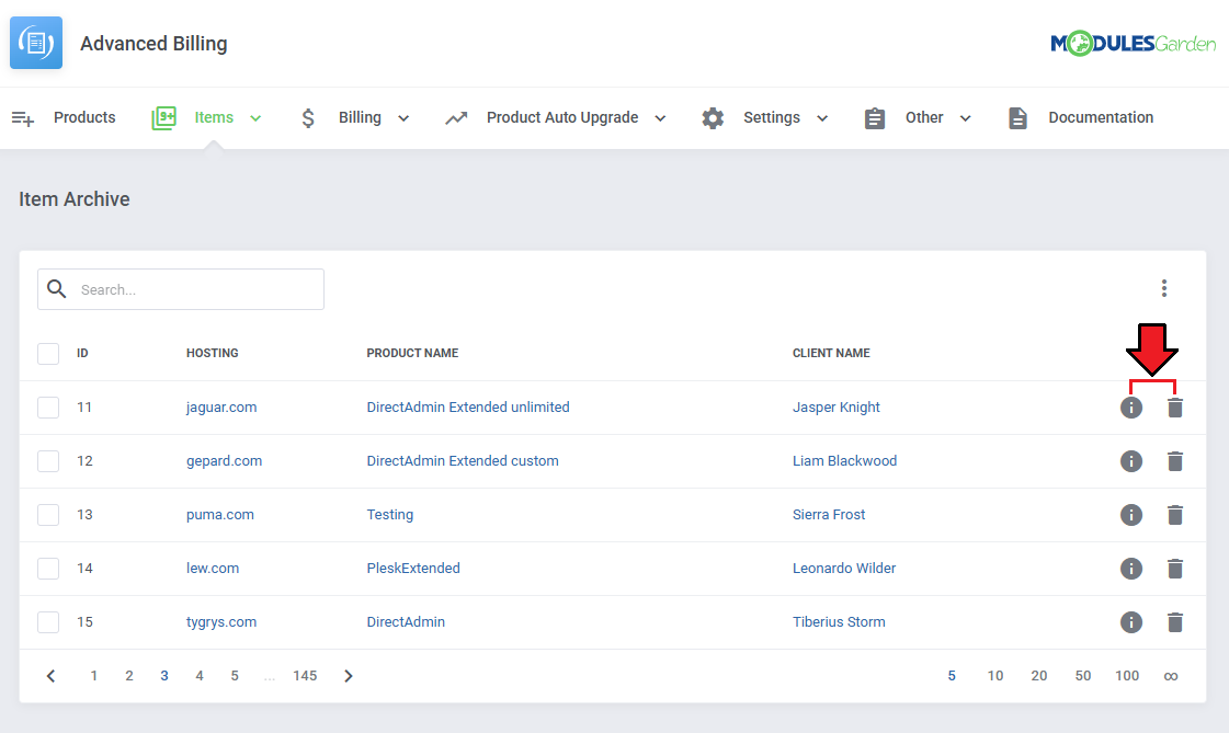 Advanced Billing For WHMCS: Item Archive table with the details and delete action buttons highlighted