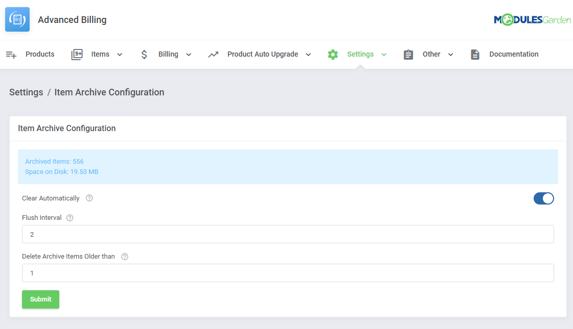 Advanced Billing For WHMCS: item Archive Configuration page with Clear Automatically, Flush Interval and deletion age
