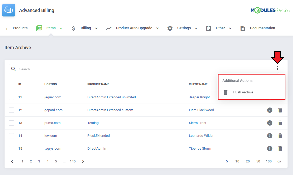 Advanced Billing For WHMCS: Item Archive with the Additional Actions menu and the Flush Archive option