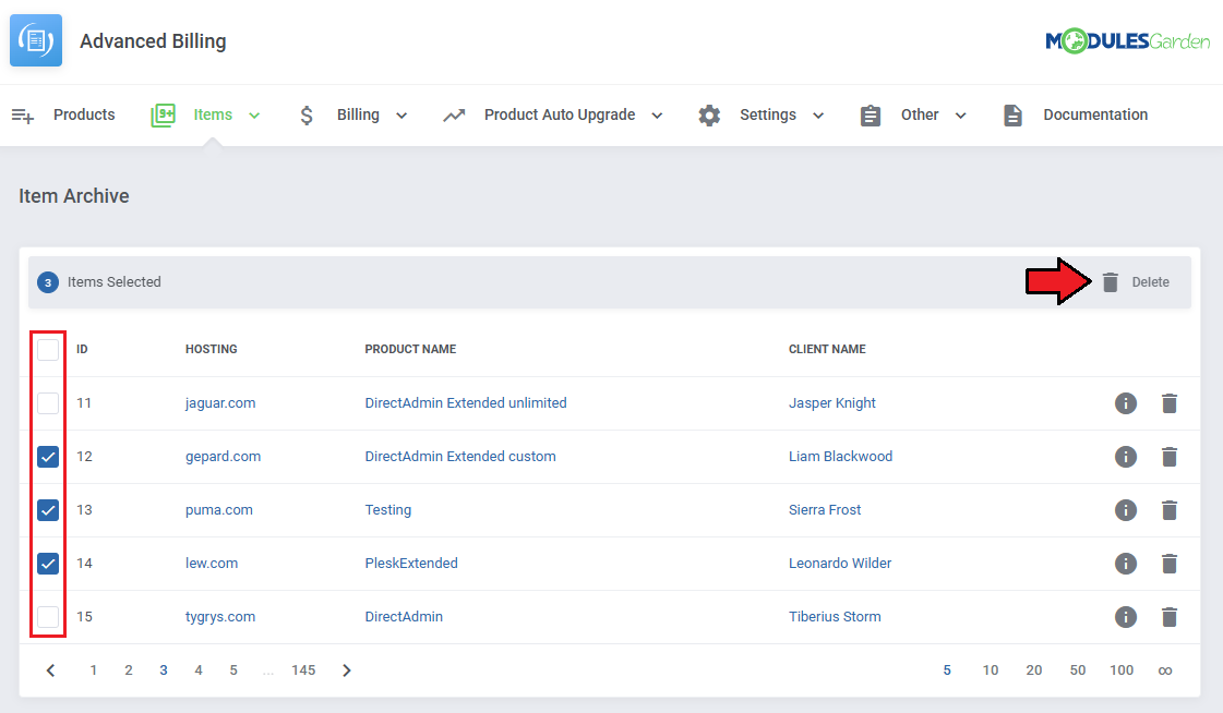 Advanced Billing For WHMCS: Item Archive with three selected items and the Delete mass action button