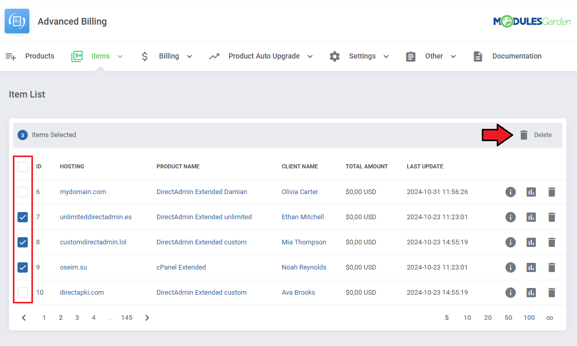 Advanced Billing For WHMCS: Item List with three selected items and the Delete mass action button