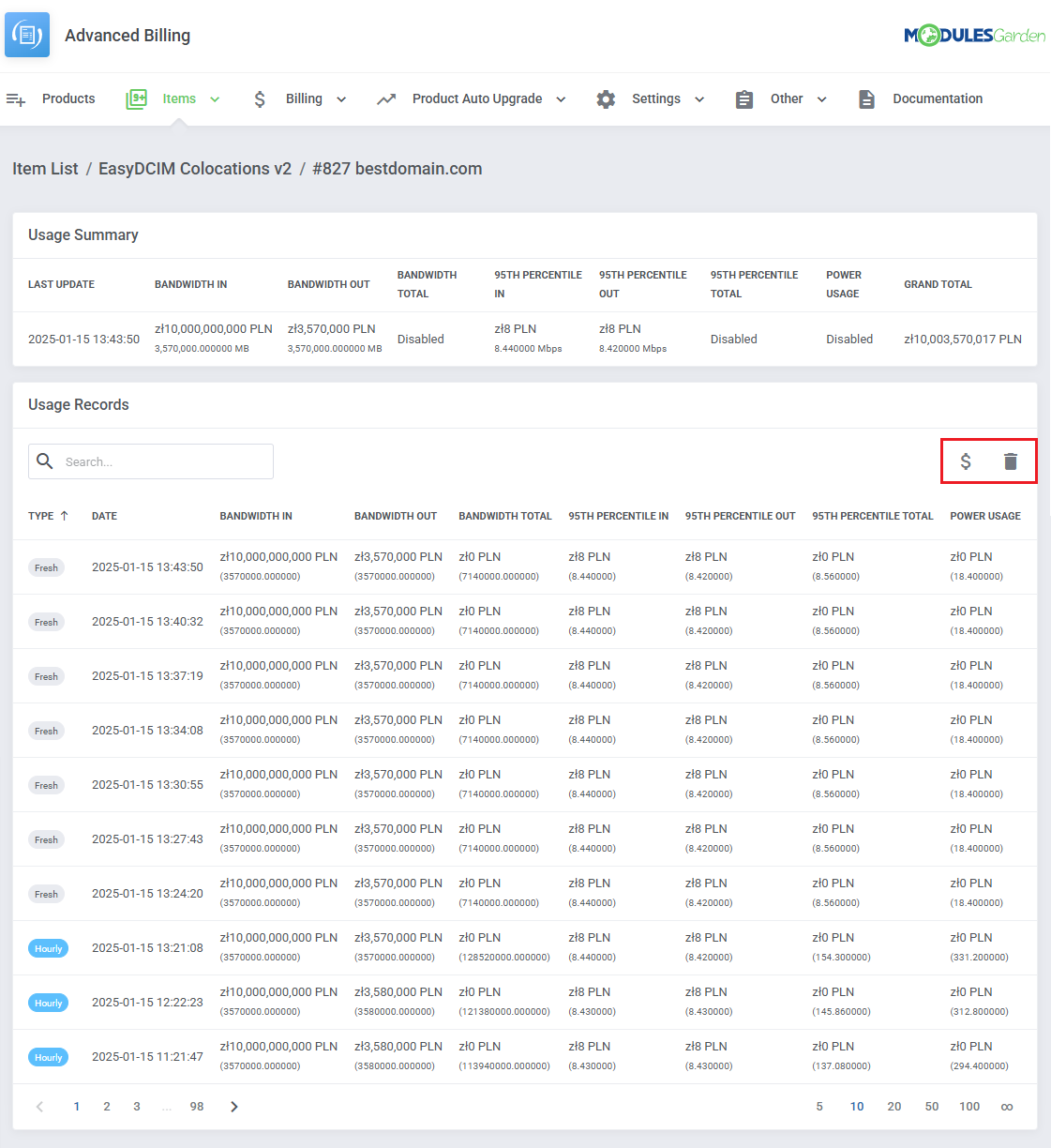 Advanced Billing For WHMCS: item details page with the Usage Summary and Fresh and Hourly usage records