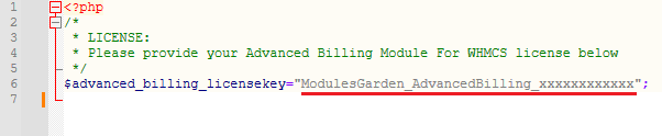 Advanced Billing For WHMCS: license.php file open in an editor with the license key placed between the quotation marks