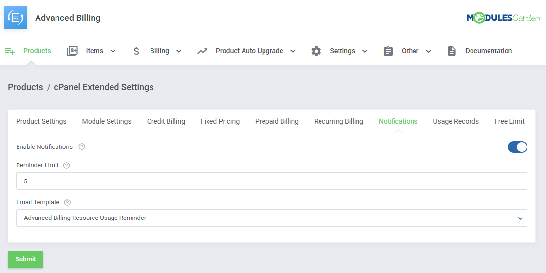 Advanced Billing For WHMCS: cPanel Extended Settings on the Notifications tab with reminder limit and email template