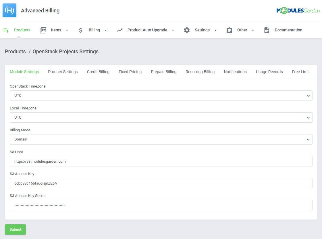 Advanced Billing For WHMCS: Products, OpenStack Projects Settings page on the Module Settings tab with timezone and S3