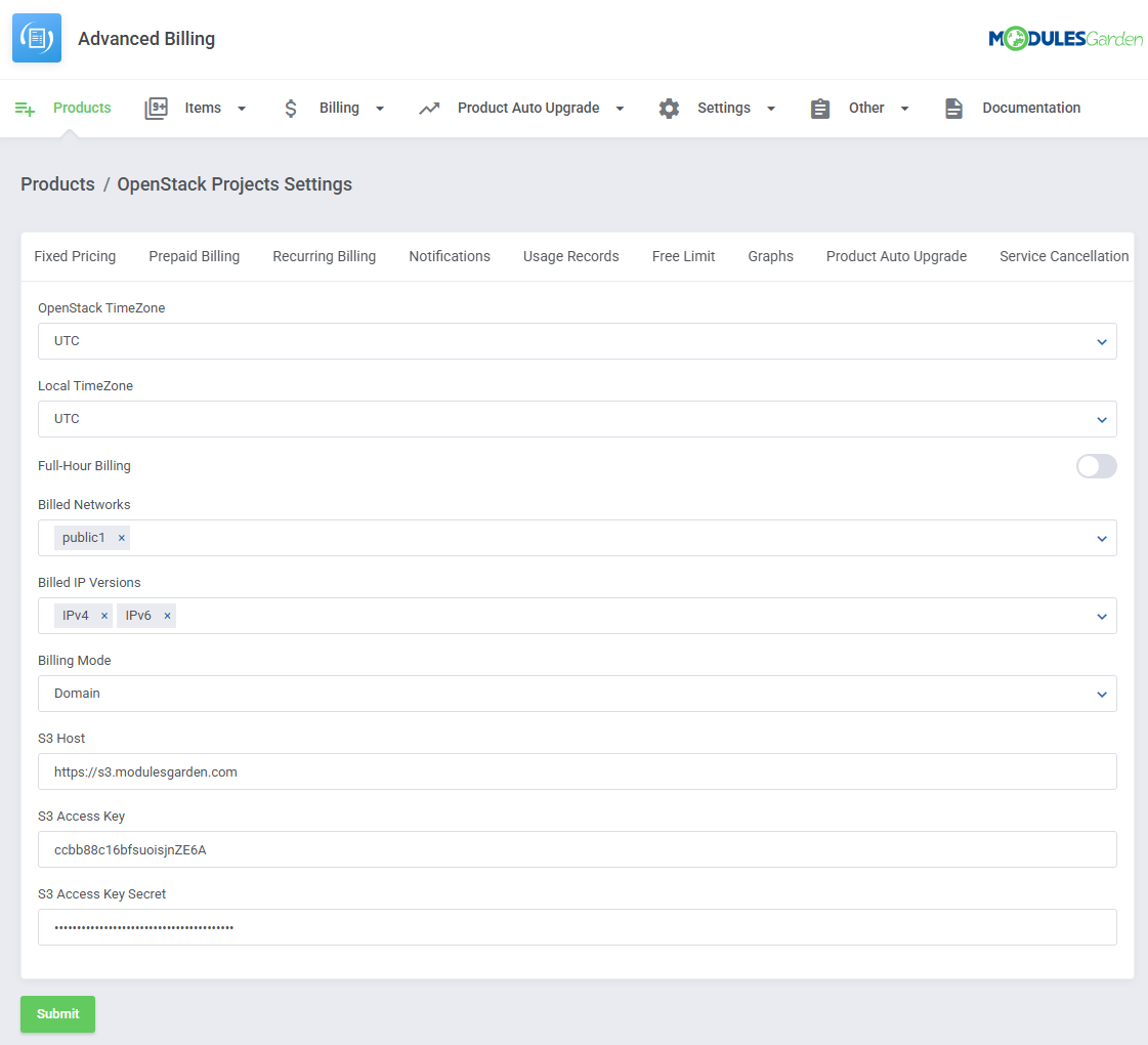 Advanced Billing For WHMCS: OpenStack Projects Settings page with billed networks, IP versions, billing mode and S3