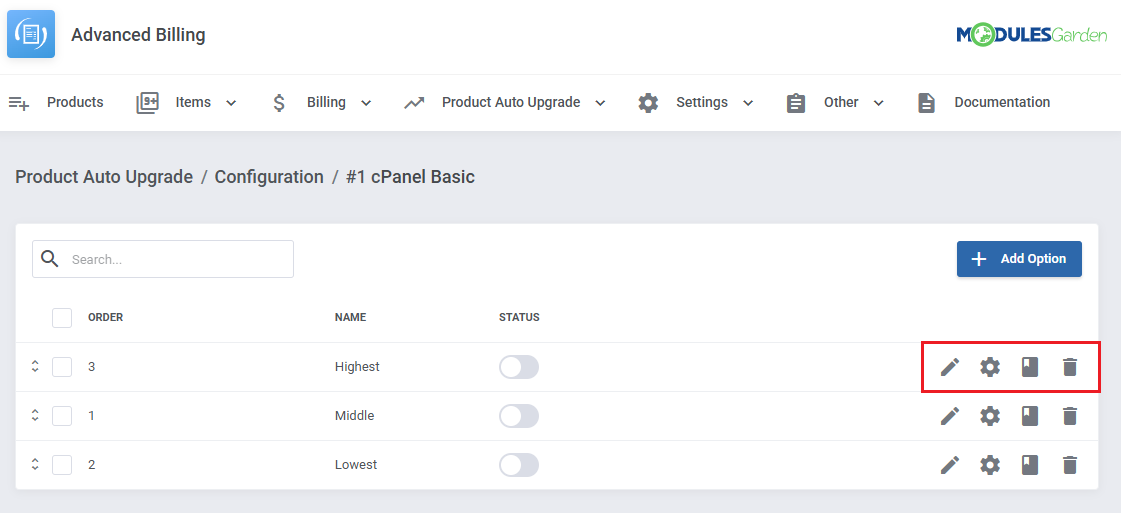 Advanced Billing For WHMCS: group option list with the edit, settings, description and delete buttons highlighted