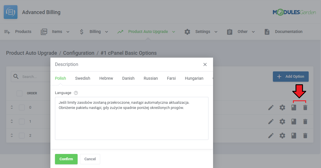 Advanced Billing For WHMCS: option Description dialog with language tabs and a text field for the description