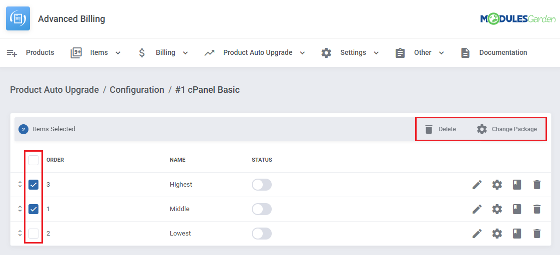 Advanced Billing For WHMCS: option list with two selected options and the Delete and Change Package mass actions