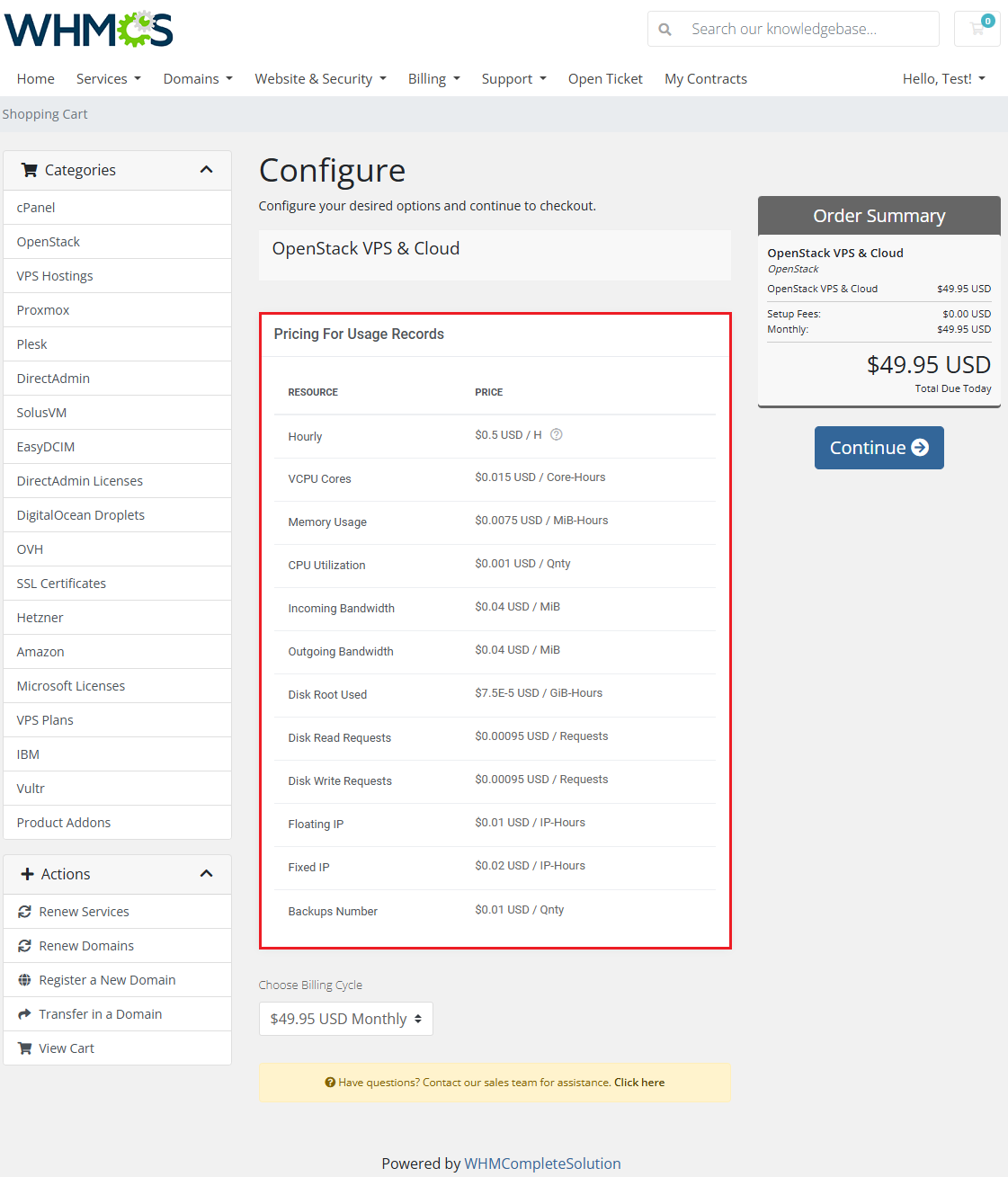Advanced Billing For WHMCS: WHMCS order form with the Pricing For Usage Records table listing resources and prices