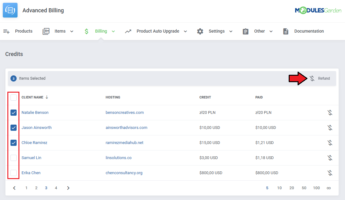 Advanced Billing For WHMCS: Prepaid Balance credits list with three selected records and the Refund mass action button
