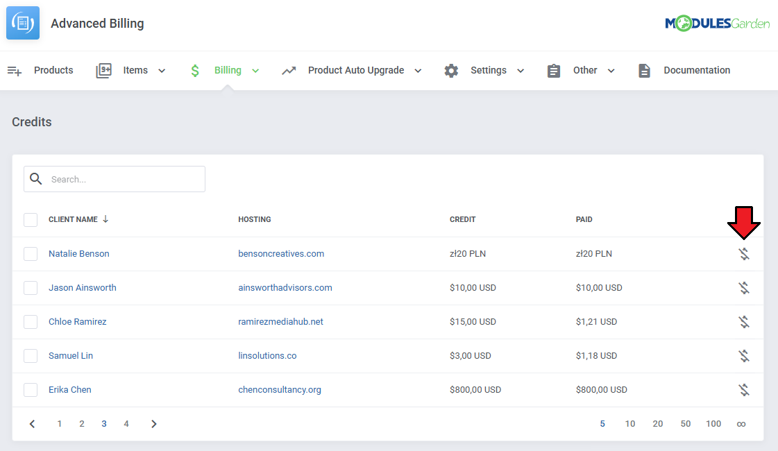 Advanced Billing For WHMCS: Prepaid Balance credits list with the refund action button highlighted