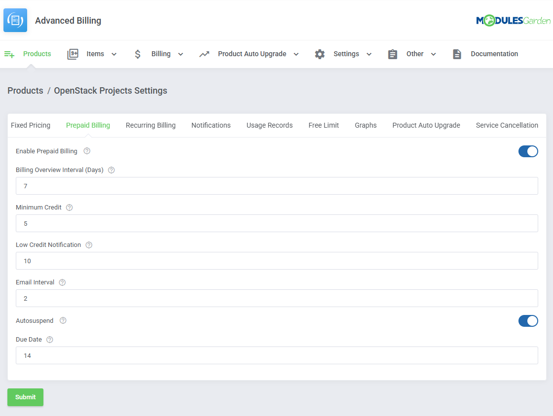 Advanced Billing For WHMCS: OpenStack Projects Settings, Prepaid Billing tab with credit, interval and autosuspend