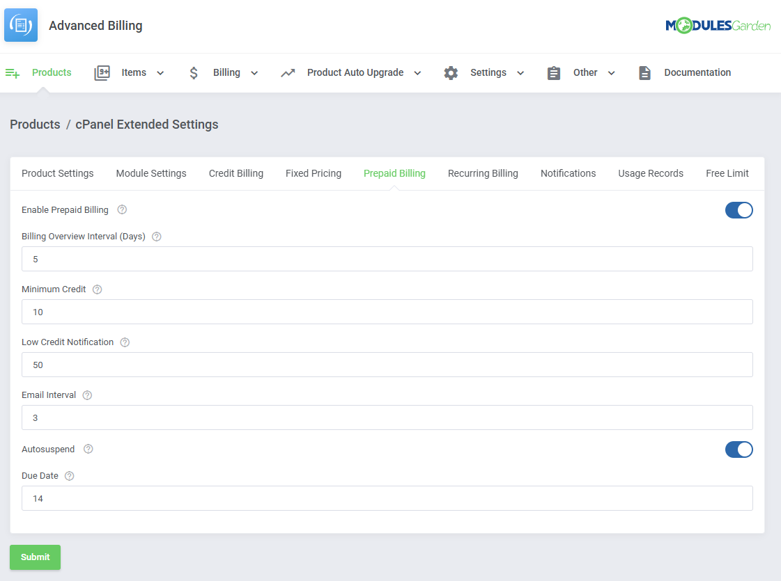 Advanced Billing For WHMCS: cPanel Extended Settings on the Prepaid Billing tab with overview interval and minimum