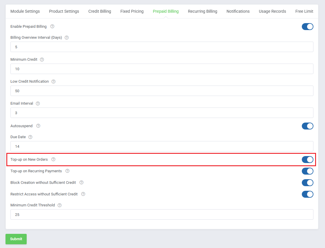 Advanced Billing For WHMCS: Prepaid Billing tab with the Top-up on New Orders toggle highlighted