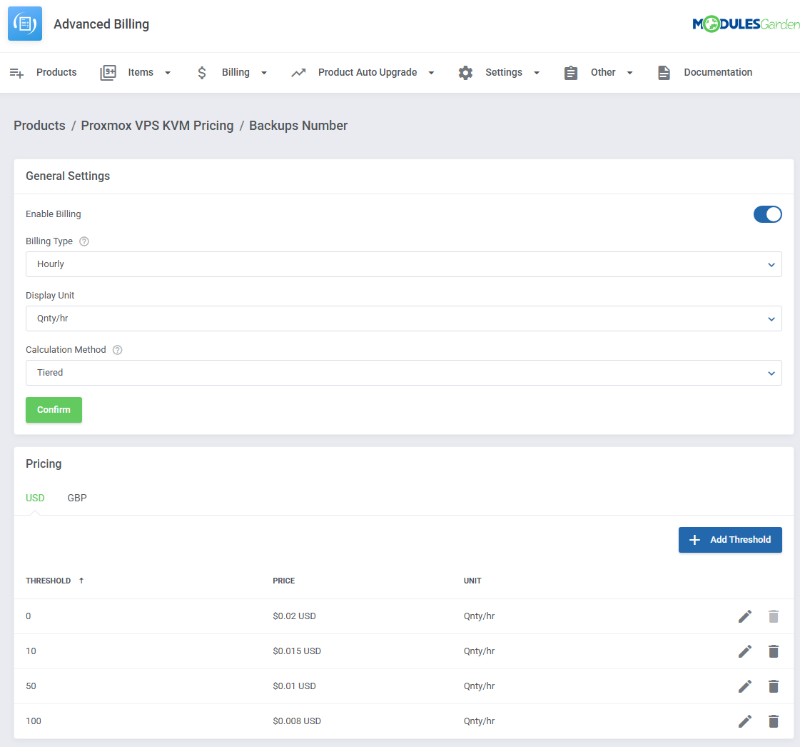 Advanced Billing For WHMCS: Backups Number pricing page with Tiered calculation method and a list of price thresholds