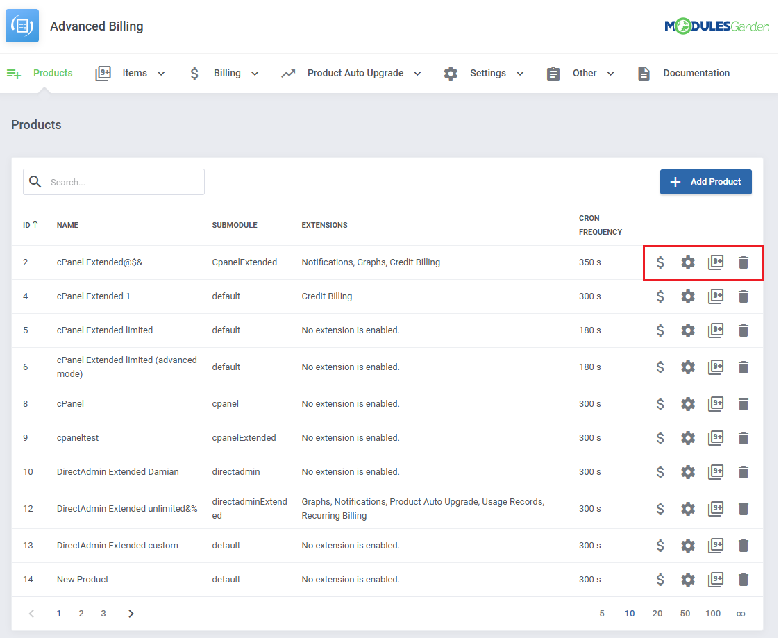 Advanced Billing For WHMCS: Products list with the pricing, settings, usage records and delete action icons for one
