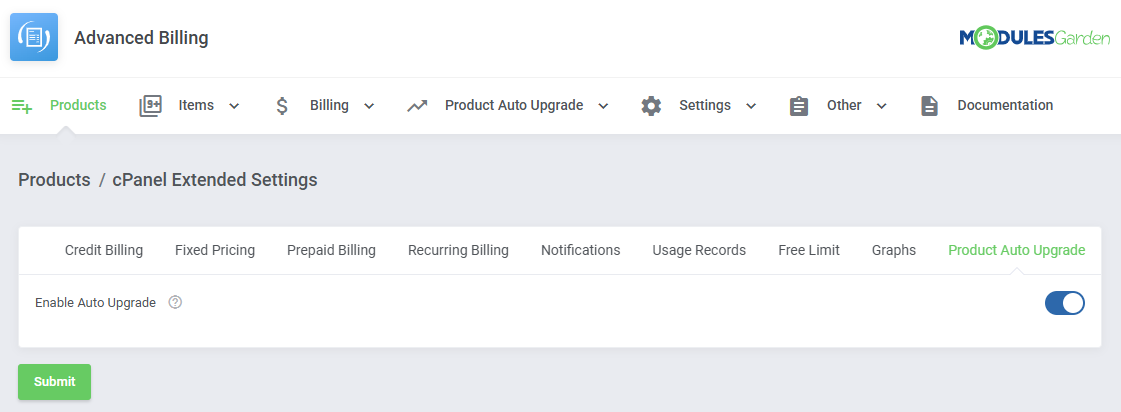 Advanced Billing For WHMCS: cPanel Extended Settings on the Product Auto Upgrade tab with the Enable Auto Upgrade switch
