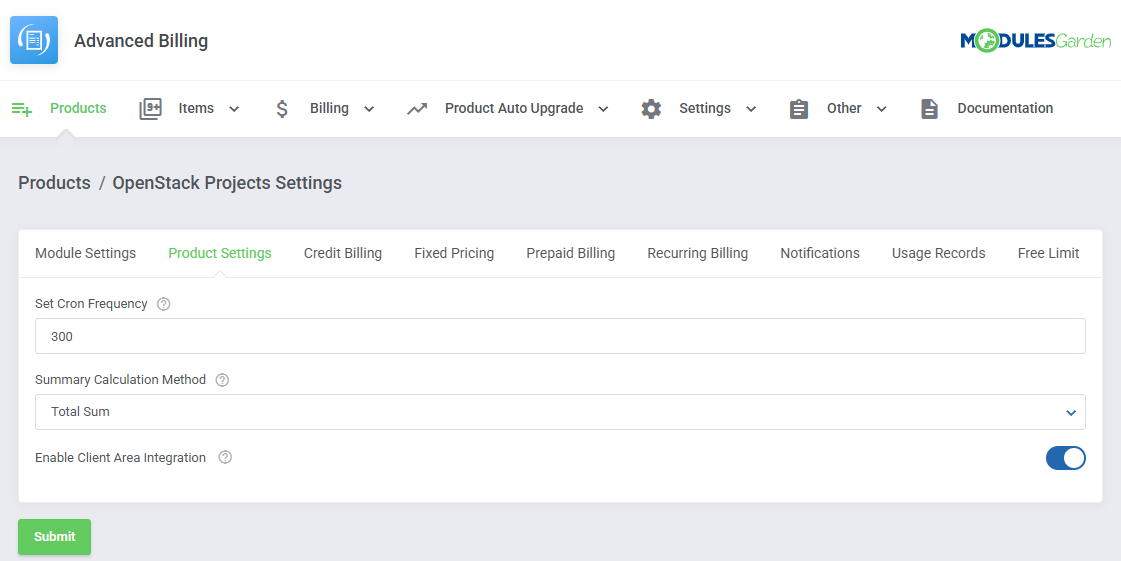 Advanced Billing For WHMCS: OpenStack Projects Settings, Product Settings tab with cron frequency and calculation method