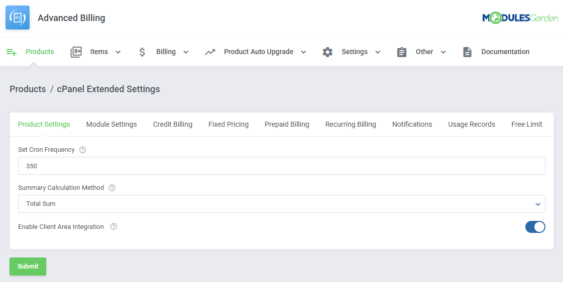 Advanced Billing For WHMCS: cPanel Extended Settings on the Product Settings tab with cron frequency and client area