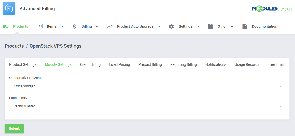 Advanced Billing For WHMCS: OpenStack VPS Settings page on the Module Settings tab with timezone dropdowns