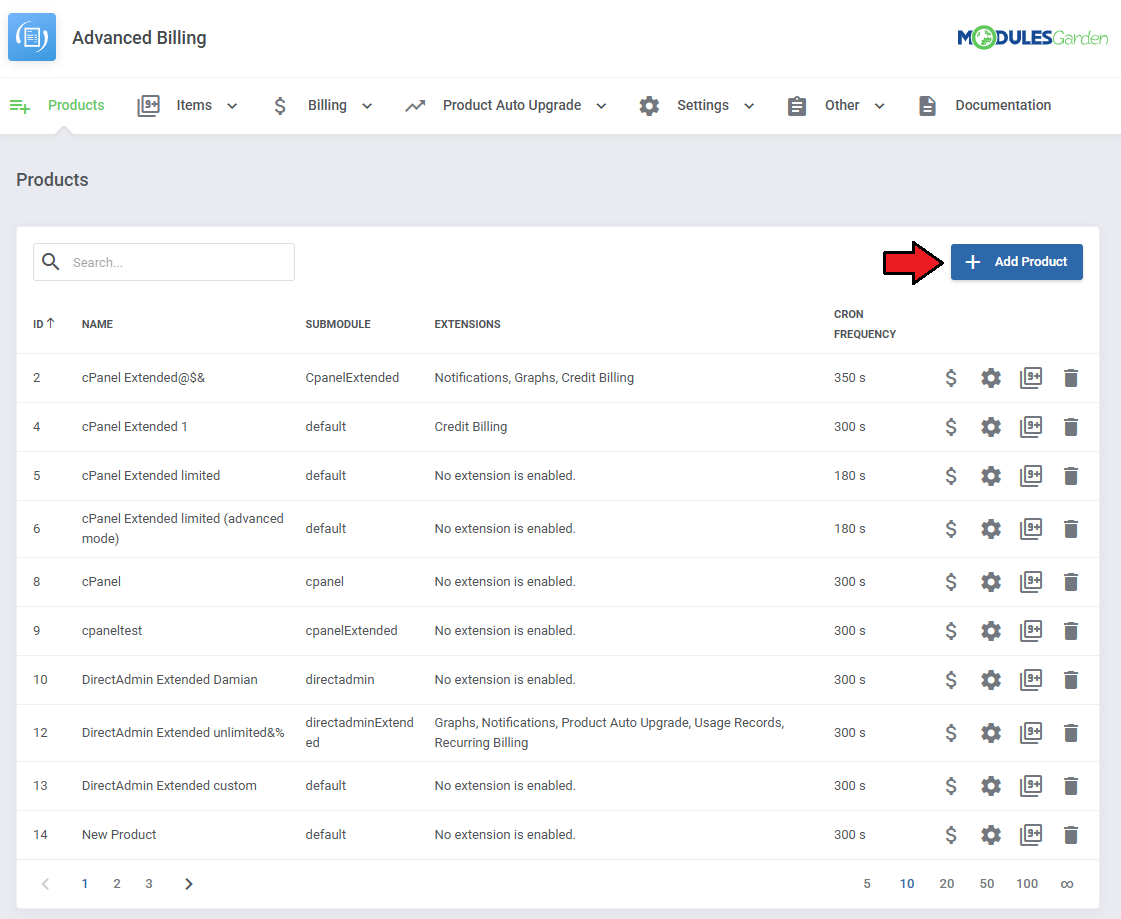 Advanced Billing For WHMCS: Products page of the module with the product list and the Add Product button