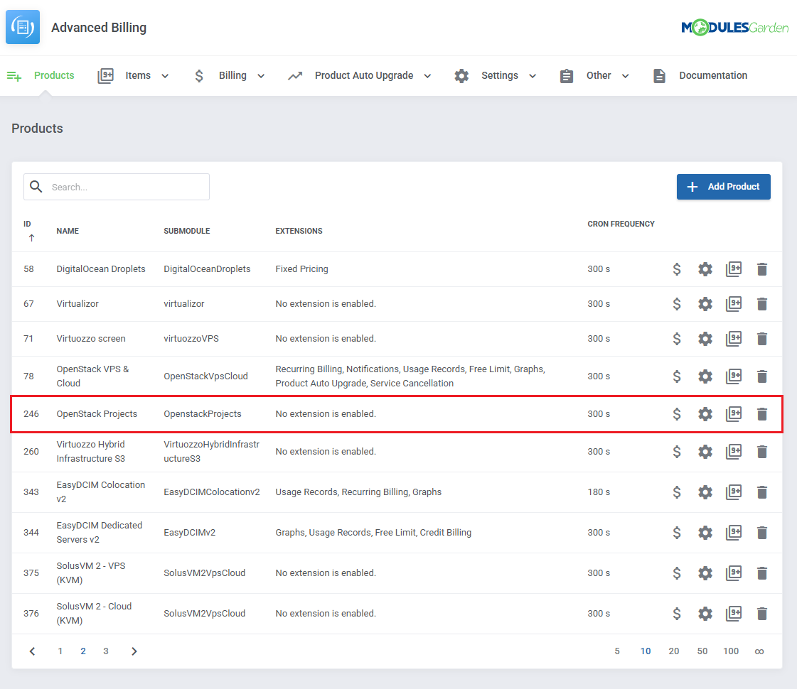 Advanced Billing For WHMCS: Advanced Billing Products list with the OpenStack Projects product row highlighted