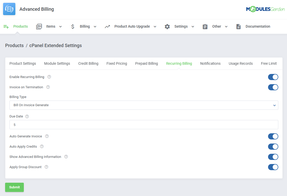Advanced Billing For WHMCS: cPanel Extended Settings on the Recurring Billing tab with invoice and billing type options