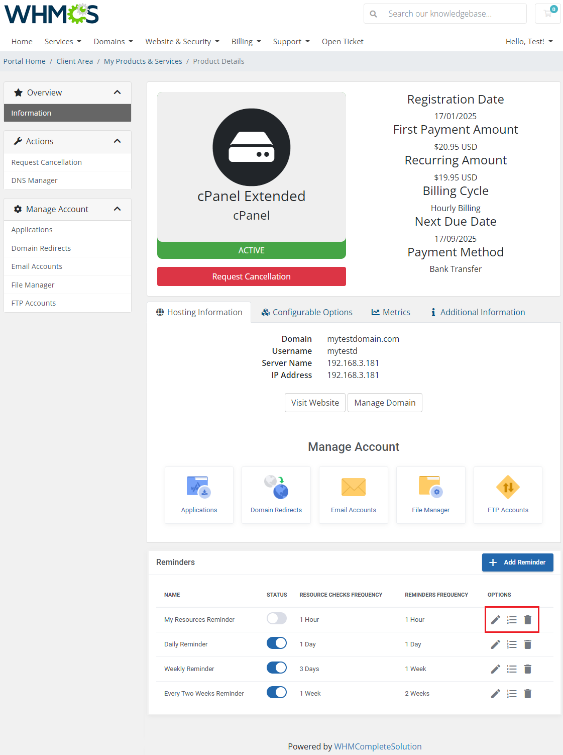 Advanced Billing For WHMCS: client area Reminders table with the edit, define limits and delete buttons for one reminder