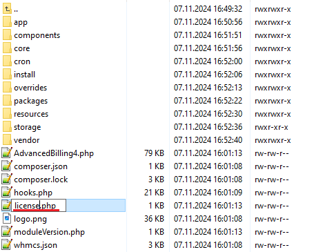 Advanced Billing For WHMCS: file manager listing of the module folder with licenseRENAME.php being renamed to