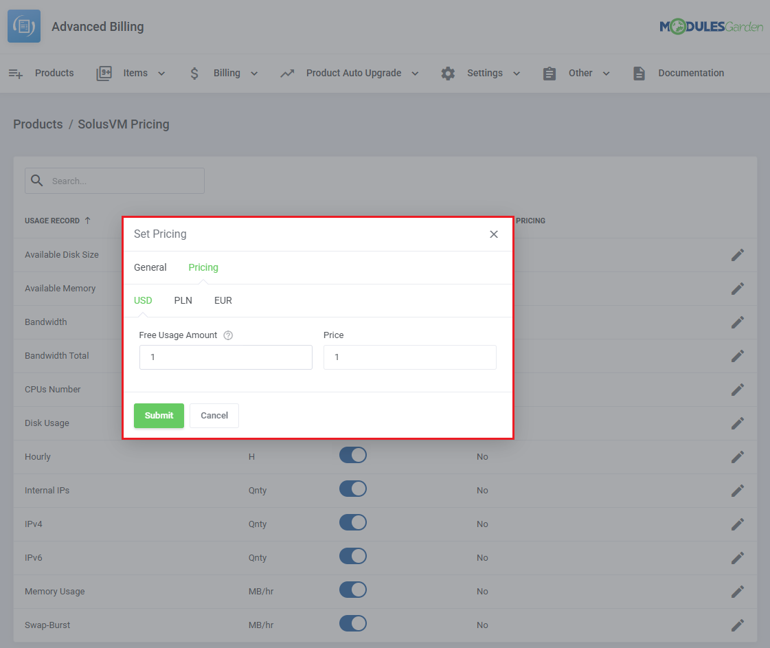 Advanced Billing For WHMCS: Set Pricing dialog on the Pricing tab with currency tabs, Free Usage Amount and Price fields