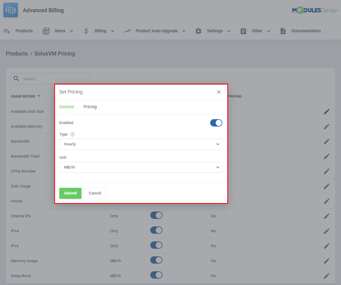 Advanced Billing For WHMCS: Set Pricing dialog on the General tab with the Enabled switch, billing Type and Unit fields