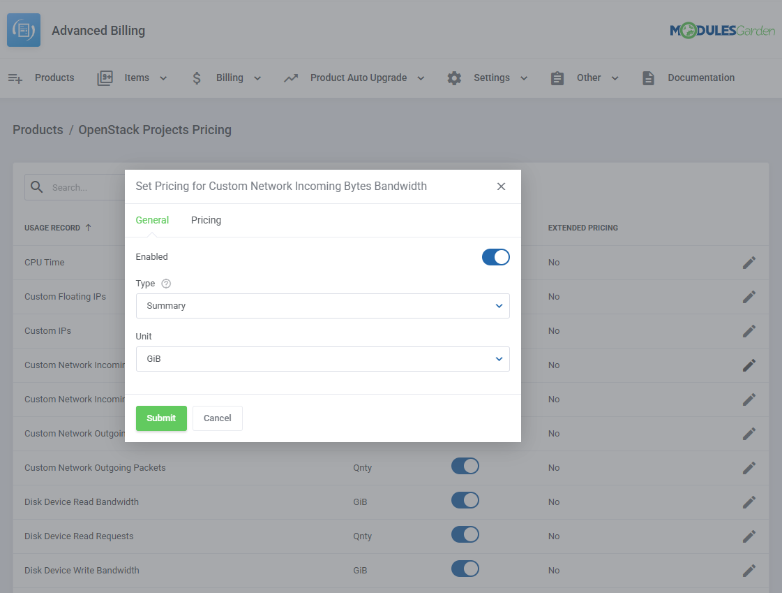 Advanced Billing For WHMCS: set Pricing dialog for a usage record with Enabled, Type and Unit fields on the General tab
