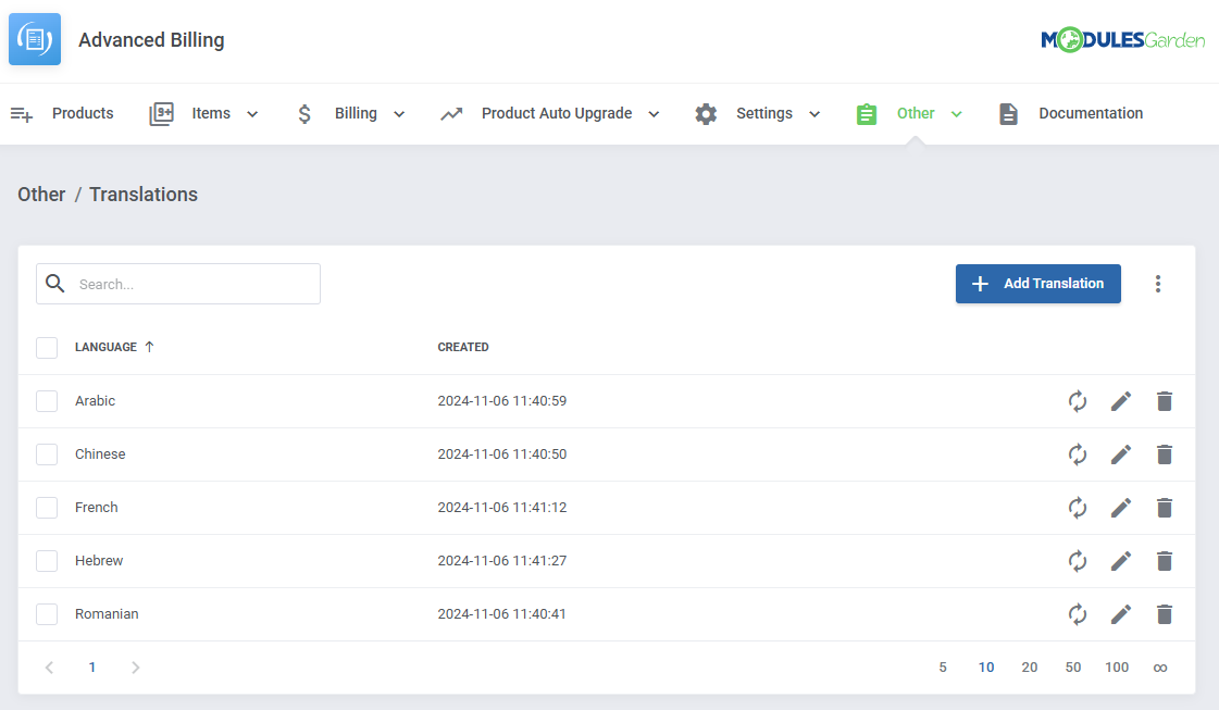 Advanced Billing For WHMCS: translations page in the Other menu with the list of languages and Add Translation button