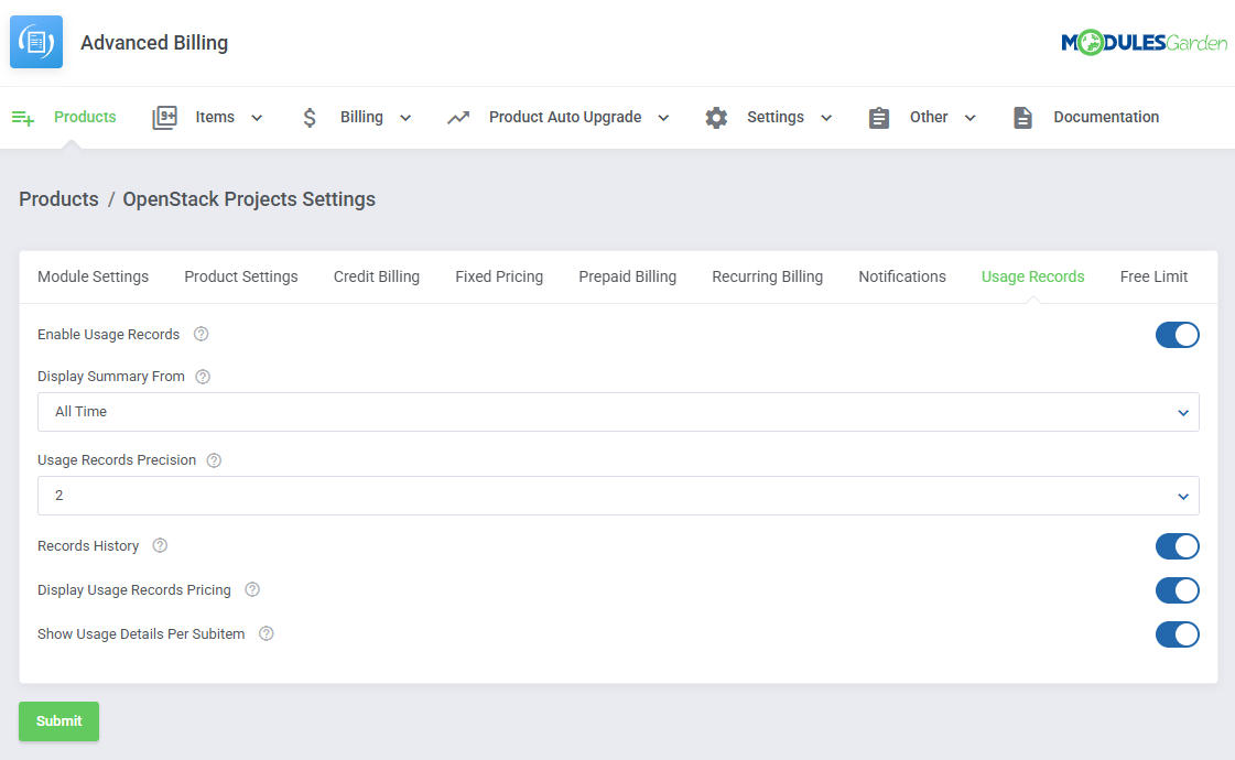Advanced Billing For WHMCS: OpenStack Projects Settings on the Usage Records tab with summary, precision and history