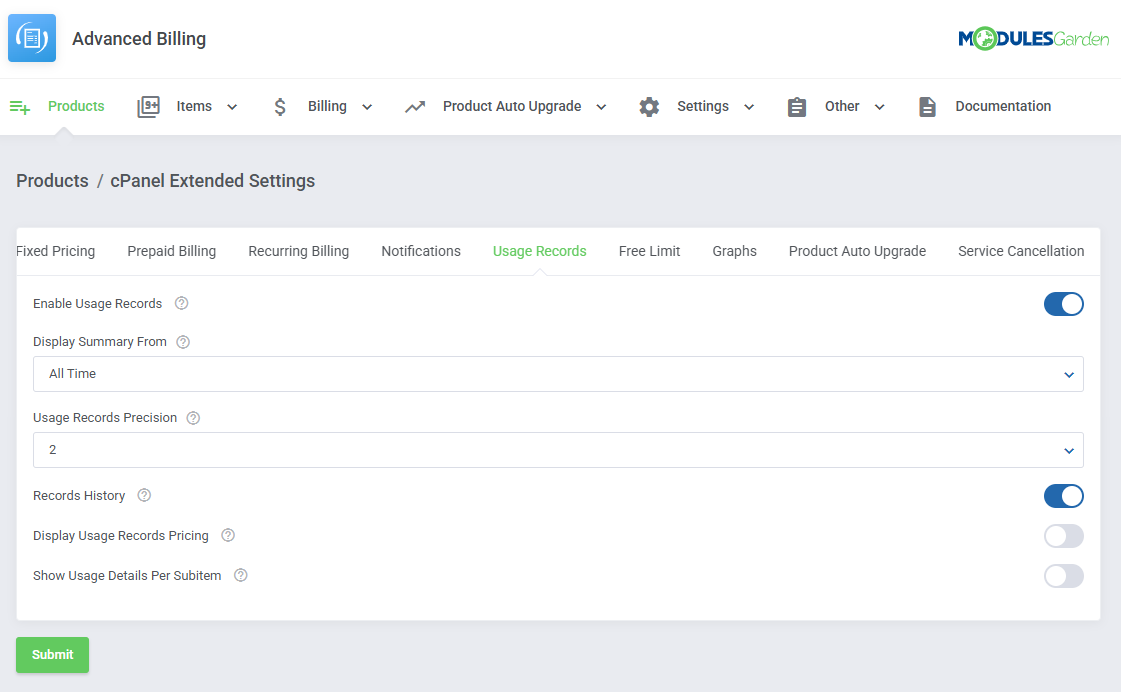 Advanced Billing For WHMCS: cPanel Extended Settings on the Usage Records tab with the Show Usage Details Per Subitem