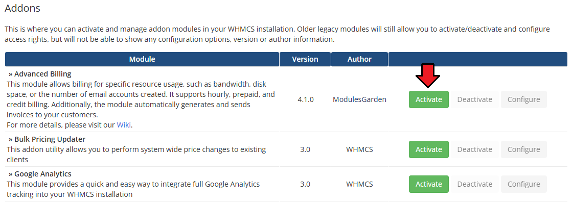 Advanced Billing For WHMCS: WHMCS Addon Modules list with the Advanced Billing entry and the Activate button