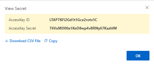 Alibaba Cloud Virtual Machines For WHMCS: dialog showing the AccessKey ID and AccessKey Secret with copy options