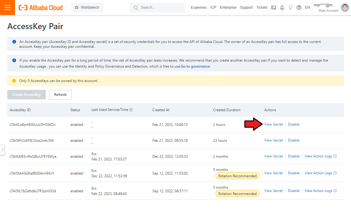 Alibaba Cloud Virtual Machines For WHMCS: AccessKey Pair list with the View Secret link next to an existing key