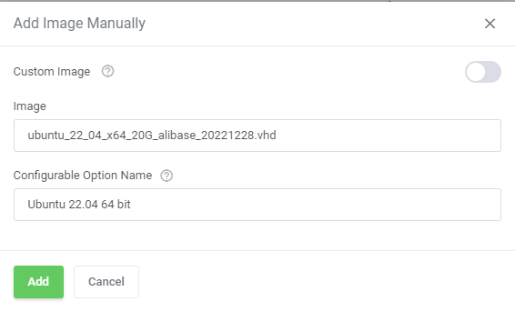 Alibaba Cloud Virtual Machines For WHMCS: Add Image Manually dialog with the image and configurable option name fields