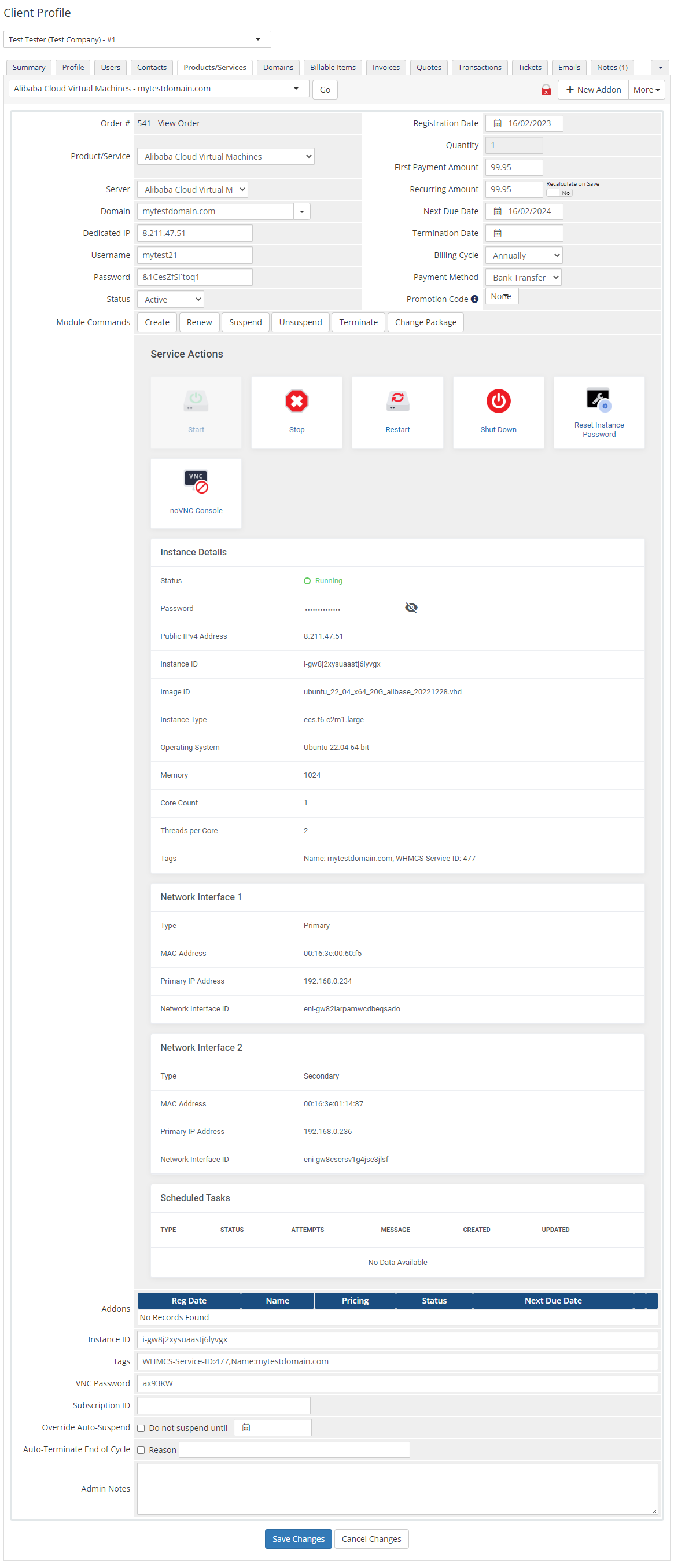Alibaba Cloud Virtual Machines For WHMCS: admin client service page with actions, instance and network details