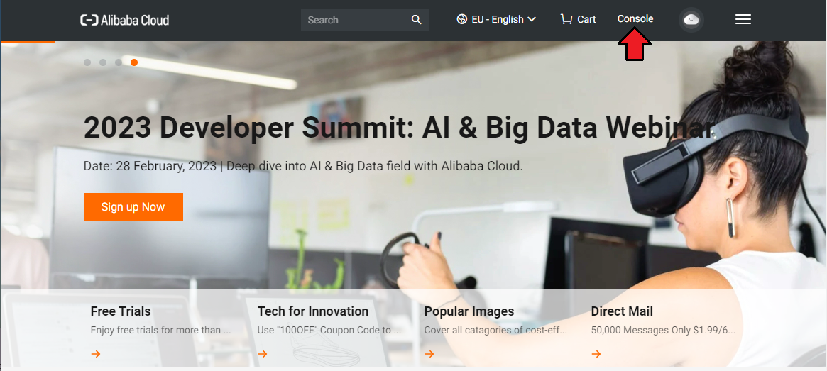 Alibaba Cloud Virtual Machines For WHMCS: Alibaba Cloud home page with the Console link marked