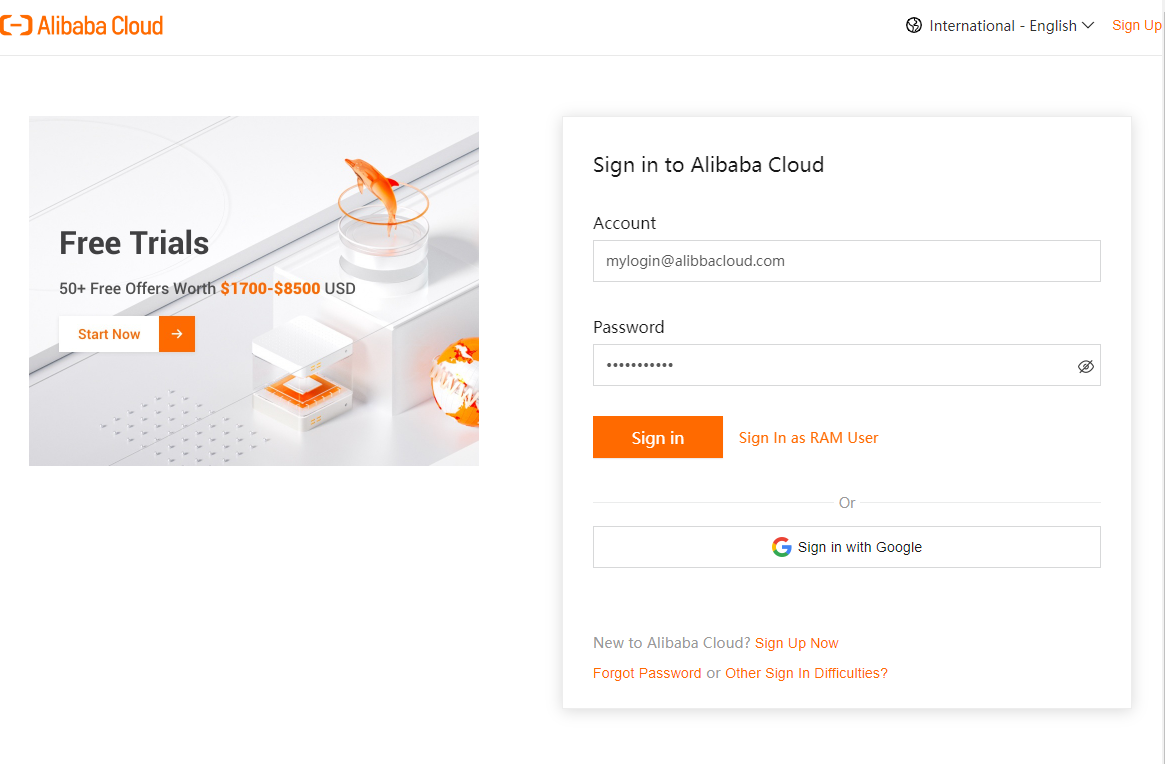 Alibaba Cloud Virtual Machines For WHMCS: Alibaba Cloud sign in page with account and password fields