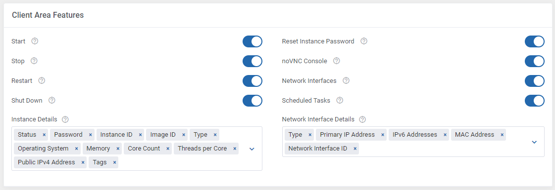 Alibaba Cloud Virtual Machines For WHMCS: Client Area Features section with the feature switches and detail fields