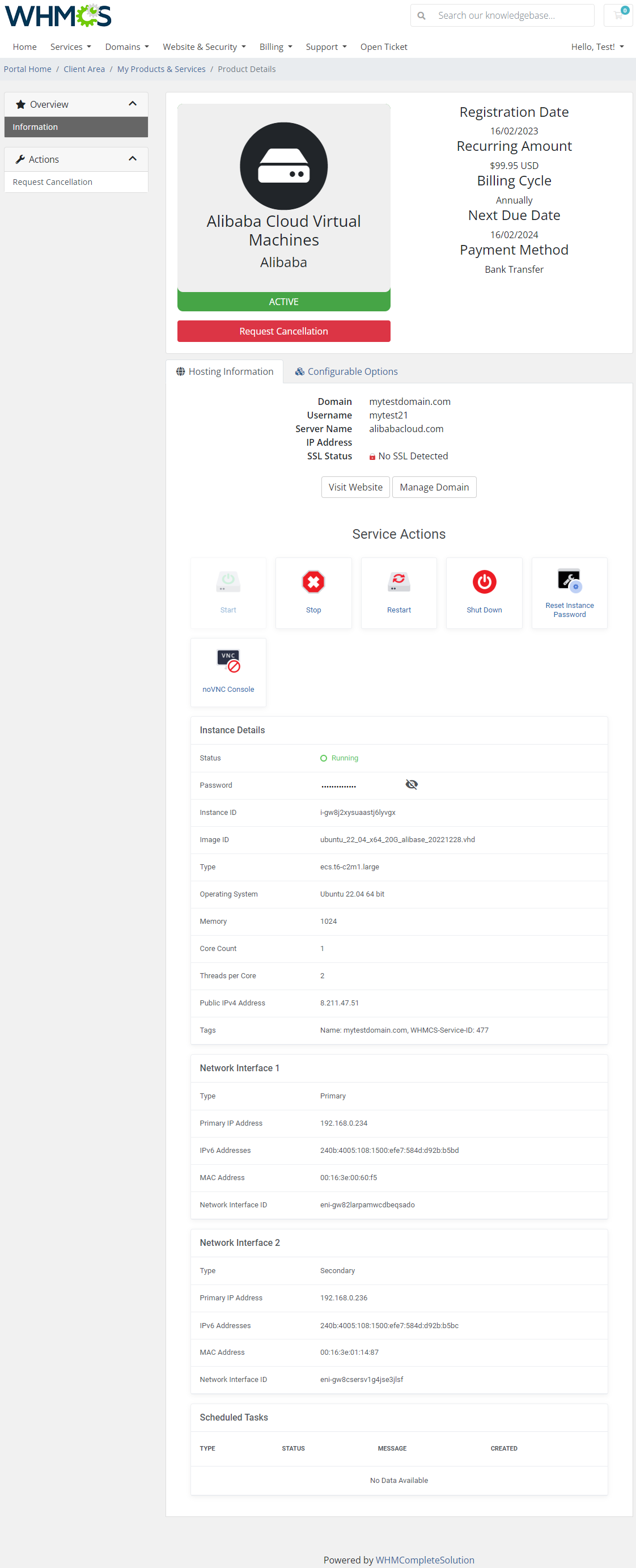 Alibaba Cloud Virtual Machines For WHMCS: WHMCS client area product details with service actions and instance