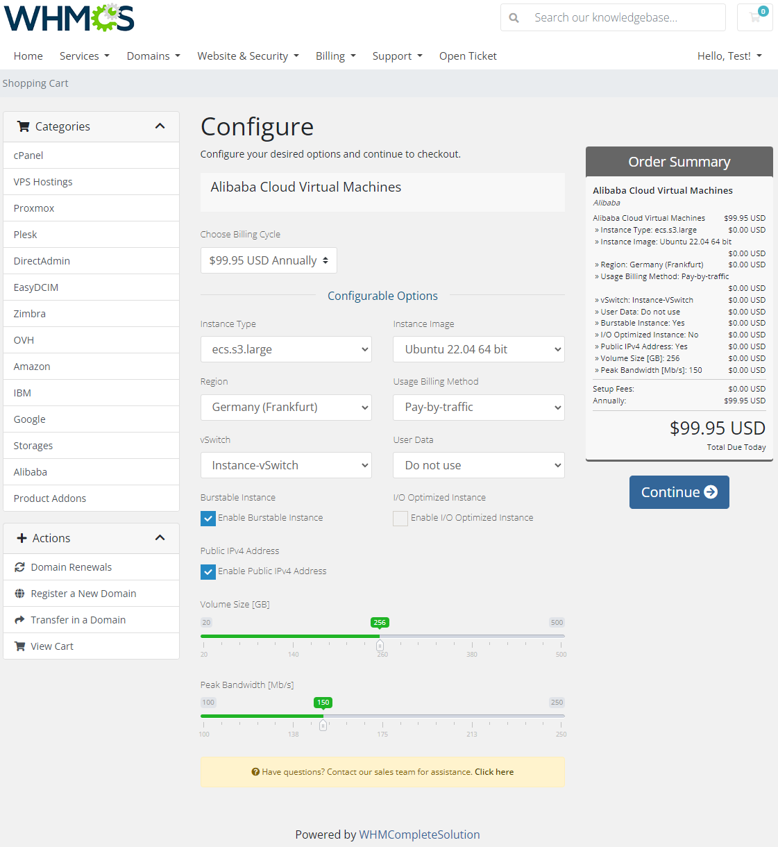Alibaba Cloud Virtual Machines For WHMCS: WHMCS client area order form with configurable options and the order summary