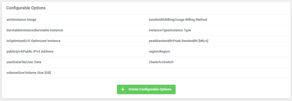 Alibaba Cloud Virtual Machines For WHMCS: Configurable Options section with the Create Configurable Options button