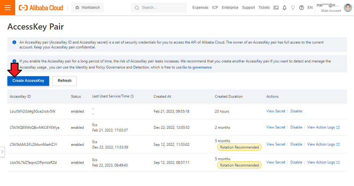 Alibaba Cloud Virtual Machines For WHMCS: AccessKey Pair page in Alibaba Cloud with the Create AccessKey button