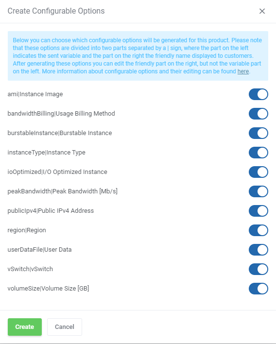 Alibaba Cloud Virtual Machines For WHMCS: Create Configurable Options dialog with the list of options switched on