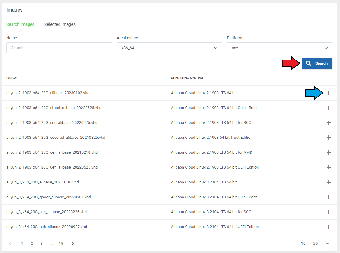 Alibaba Cloud Virtual Machines For WHMCS: Images section, Search Images tab, with the Search and add buttons marked